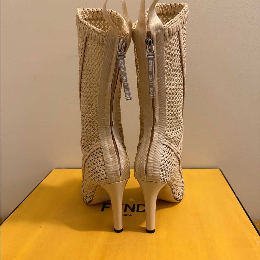 Authentic Fendi Neutral Woven Raffia Mid-Calf Booties. New with box - Picture 3 of 6